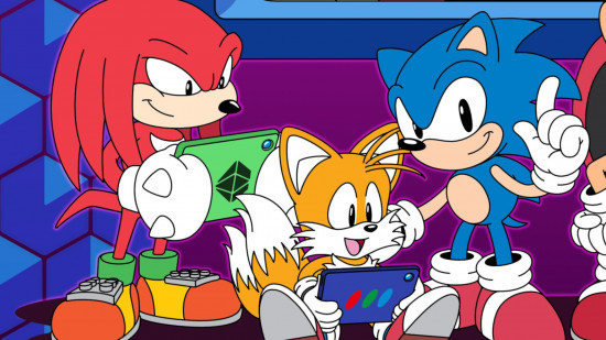 Sonic games: Cartoon Sonic, Tails, and Knuckles playing together on iPads