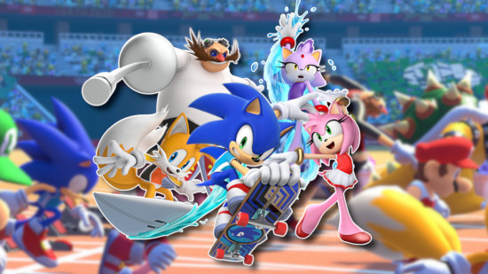 Sonic games: The cast of Sonic doing various Olypic sports, all outlined in white and pasted on a blurred screenshot from Mario and Sonic at the Olympic Games Tokyo 2020 - Sonic is skateboarding, Tails is surfing, Amy is doing gymnastics, Blaze is jumping out of the water (?), and Eggman is fencing