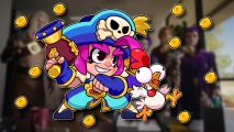Summer Game Fest mobile: A Squad Busters pirate and a chicken outlined in white alongside many gold coins, pasted on a blurred still from the SGF trailer