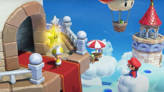 A screenshot from Super Mario Party Jamboree screenshot showing mario on a cloud talking to toad
