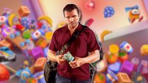 Take-Two mobile games: Michael from GTA V holding a stack of bank notes, outlined in white and pasted on a blurred Match Factory graphic