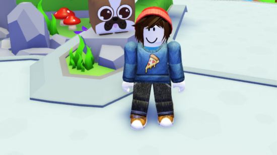 Tapping Legends Final codes - an avatar in a blue pizza jumper and red beanie stood in front of a blocky dog in the plaza