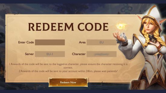 Tarisland codes: A screenshot of the mobile redeem screen with the username blurred out