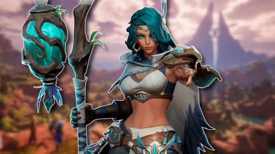 Tarisland codes: The Necromancer character (a woman with green hair, tan skin, and a white two-piece outfit holding a staff) outlined in white and pasted on a blurred landscape shot
