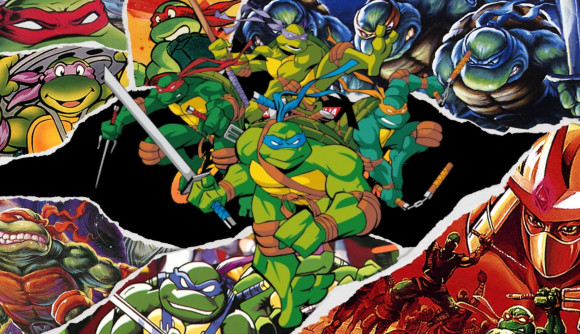 TMNT games - the four turtles bursting through a poster