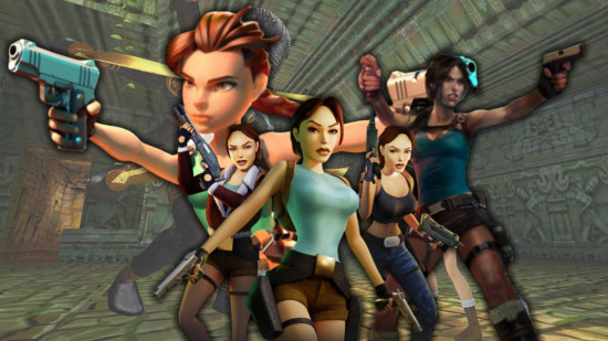 Lara Croft's from different Tomb Raider games in front of an in-game screenshot from the Remastered Collection