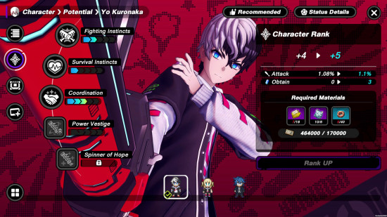 Tribe Nine release date - a screenshot of gameplay showing Yo Kuronaka on the character potential screen