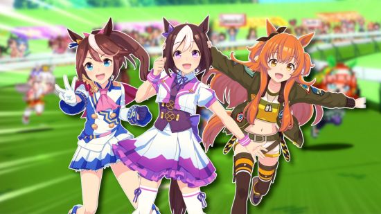 Umamusume Pretty Derby guide: Three horse girls outlined in white and pasted on a blurred game screenshot