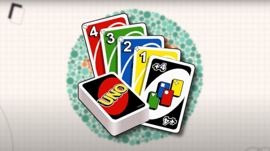Uno Mobile Beyond Colors: Uno's colorblind-friendly deck outlined in black and pasted on a blurred screenshot from the trailer showing a classic colorblindness test