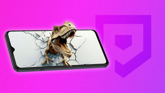 Custom image for Voyage 3D launch with the phone and a dinosaur leaping out the screen on a purple background