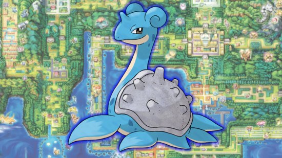 Water pokemon weakness - Lapras in front of a map of Kanto