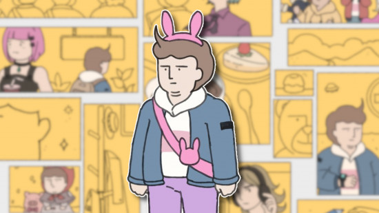 While Waiting interview: Protagonist Adam, a cartoon white man wearing pink bunny ears on his brown hair, purple trousers, a blue jean jacket over a white and pink hoodie, and a pink cross-body bunny bag, outlined in white and pasted on a blurred snippet of the yellow comic-style key visual