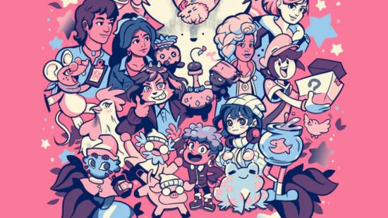 wholesome games x PCRF merch artwork with game characters on a pink background