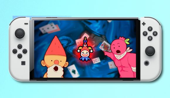 Wildfrost mobile: A Nintendo Switch OLED with silver Joy-Cons pasted on an ice-blue background. The Switch is showing a piece of Wildfrost official art showing the Naked Gnome and the Buff Berry pointing and 'pogging' at a Balatro Jimbo card charm in the center of the image