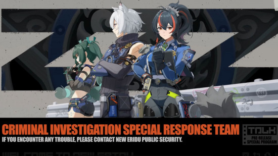 A screenshot taken from the Zenless Zone Zero update livestream showing three members of the Criminal Investigation Special Response Team