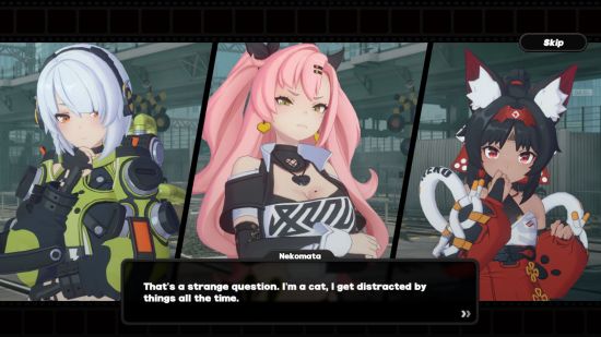 Zenless Zone Zero interview - a screenshot of gameplay showing Nekomata saying 'That's a strange question. I'm a cat, I get distracted all the time.'