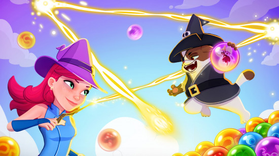 Promotional image for Bubble Witch 3 Saga showing the witch aiming her wand at an enemy surrounded in bubbled and light