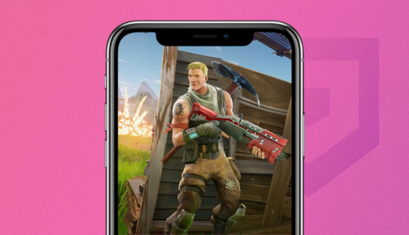 Fortnite leaves Samsung store - an iphone outline over a pink background playing Fortnite