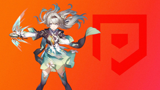 Honkai Star Rail tier list - Firefly standing against a red background with the Pocket Tactics logo on it
