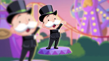 Monopoly Go Tycoon Fair - the monopoly man stood on a podium in front of a ferris wheel