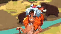 Roots Of Pacha giveaway - a character from the game wearing a hat made of a wild animal