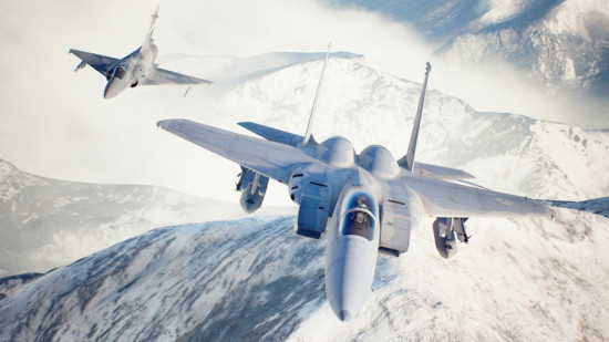 Ace combat 7: Skies Unknown Switch release screenshot showing two planes in the air flyong over snowy mountains