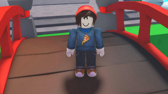 Anime Heroes Simulator codes - an avatar in a red beanie and blue pizza jumper stood on a wooden bridge