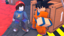 Anime Protectors Defense codes screenshot showing an avatar in a red beanie and pizza jumper stood next to Goku in front of crates