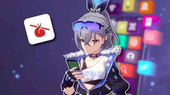 App development Humble Bundle: Silver Wolf from Honkai Star Rail looking down at her phone. She is outlined in white and pasted on a blurred image of a range of apps on a purple starry background. A white app icon with the red Humble Bundle logo on it is to the left