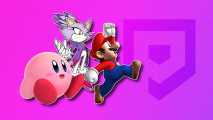 Best DS games: Kirby, Blaze the Cat, and Mario, all outlined in white, pasted on a purple PT background