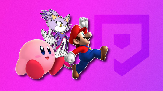 Best DS games: Kirby, Blaze the Cat, and Mario, all outlined in white, pasted on a purple PT background