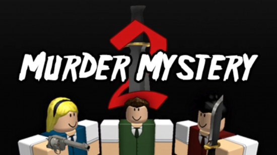 Screenshot of the key art for Murder Mystery 2 with three blocky characters holding weapons