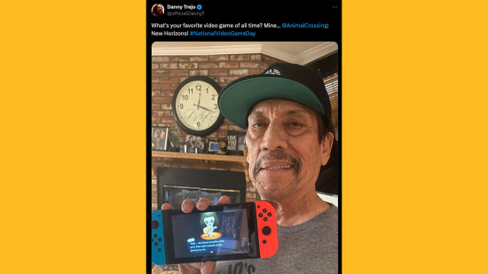 Danny Trejo Animal Crossing New Horizons: An image of Danny Trejo holding a Nintendo Switch with KK Slider on the screen.