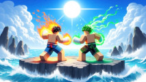 Elemental Duels milestone: Two warriors facing each other in the middle of the ocean on a rock under the sun