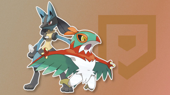 Custom image for fighting Pokemon weakness guide with Hawlucha and Lucario on a brown background