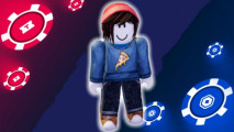 Flip Minigames codes - Key art showing an avatar in a blue pizza jumper and red beanie stodd between red tokens and blue tokens