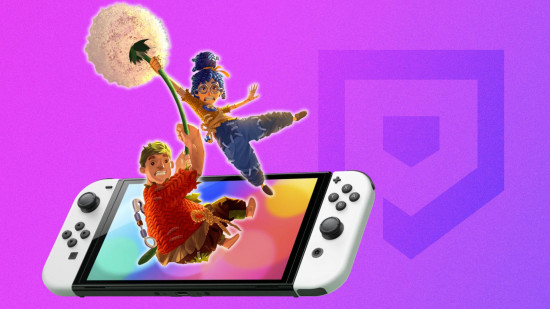 games like It Takes Two - the characers from the game in front of a Nintendo Switch