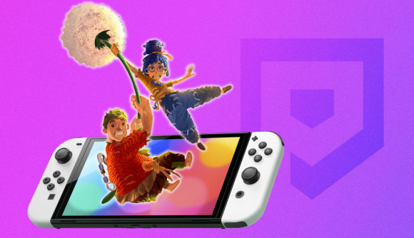 games like It Takes Two - the characers from the game in front of a Nintendo Switch