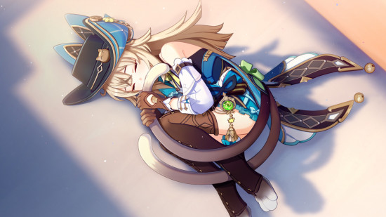 A screenshot of Genshin Impact's Kirara wearing her new skin, sleeping on the floor curled up like a cat and biting her own tail