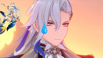 Genshin Impact Neuvillette nerf: A close up of Neuvillette in a sunset with an emoji tear rolling down his cheek. Mualani is creeping in on the left threateningly