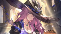 A close-up of Jade's light cone art from the current Honkai Star Rail banner, showing her smiling as she ruffles a child's hair