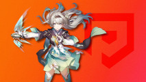 Honkai Star Rail's Firefly drop-shadowed on a red PT background. She is holding out her armor activator and clutching her heart with her other hand