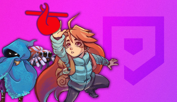 madeleine from celeste, spider from webbed, and a towerfall character reaching towards humble bundle logo on pocket tactics background