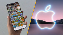 Custom image for iOS 18 public beta news with a iPhone screenshot from WWDC 2024 and the Apple logo in neon on a mountain background
