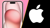 Custom image for iPhone 16 Pro pink colorway rumor news with a pink iPhone 15 on a pink background and the Apple logo next to it