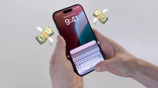 Custom image for iPhone 16 sales prediction news with an iPhone from WWDC 2024 surrounded by flying money emoji