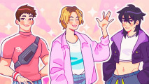 three different k-pop academy idols on a pink and peach background