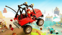Lego Hill Clim Adventures kaey showing a minifigure in a red truck chasing after a white and blue sports car