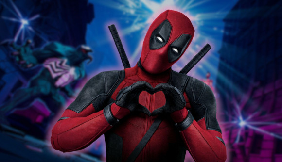 deadpool holding up a heart sign against a marvel snap background featuring venom