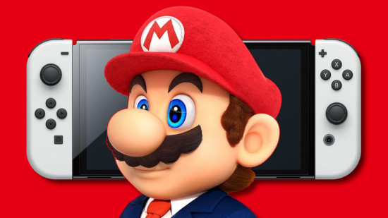 Nintendo Switch 2 scalpers: A bust of Mario in a suit overlaid on a Switch OLED, all on a Nintendo red background